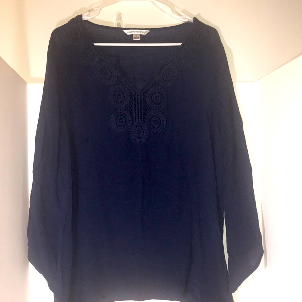 Fundamental Things top size xl long flowing sleeves eyelet navy boho style